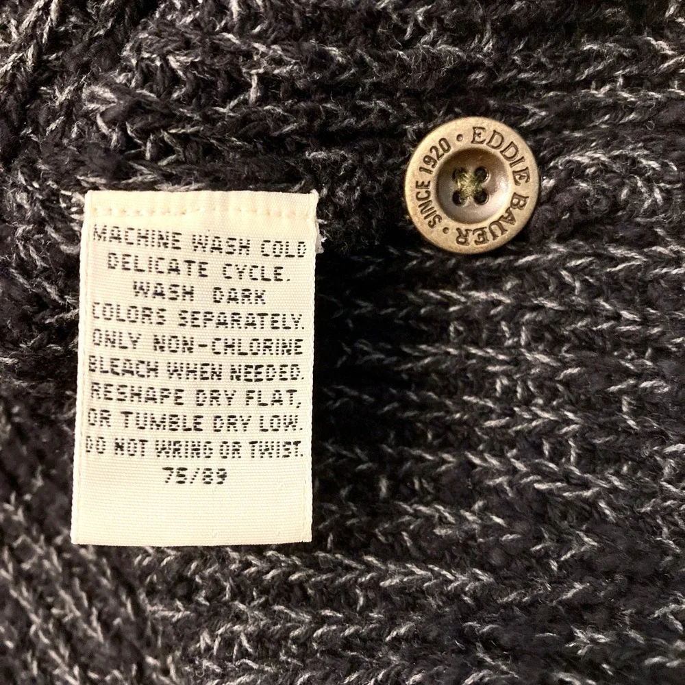Vintage Eddie Bauer Henley Sweater Mens Small 90s Black Marled Knit 100% Cotton